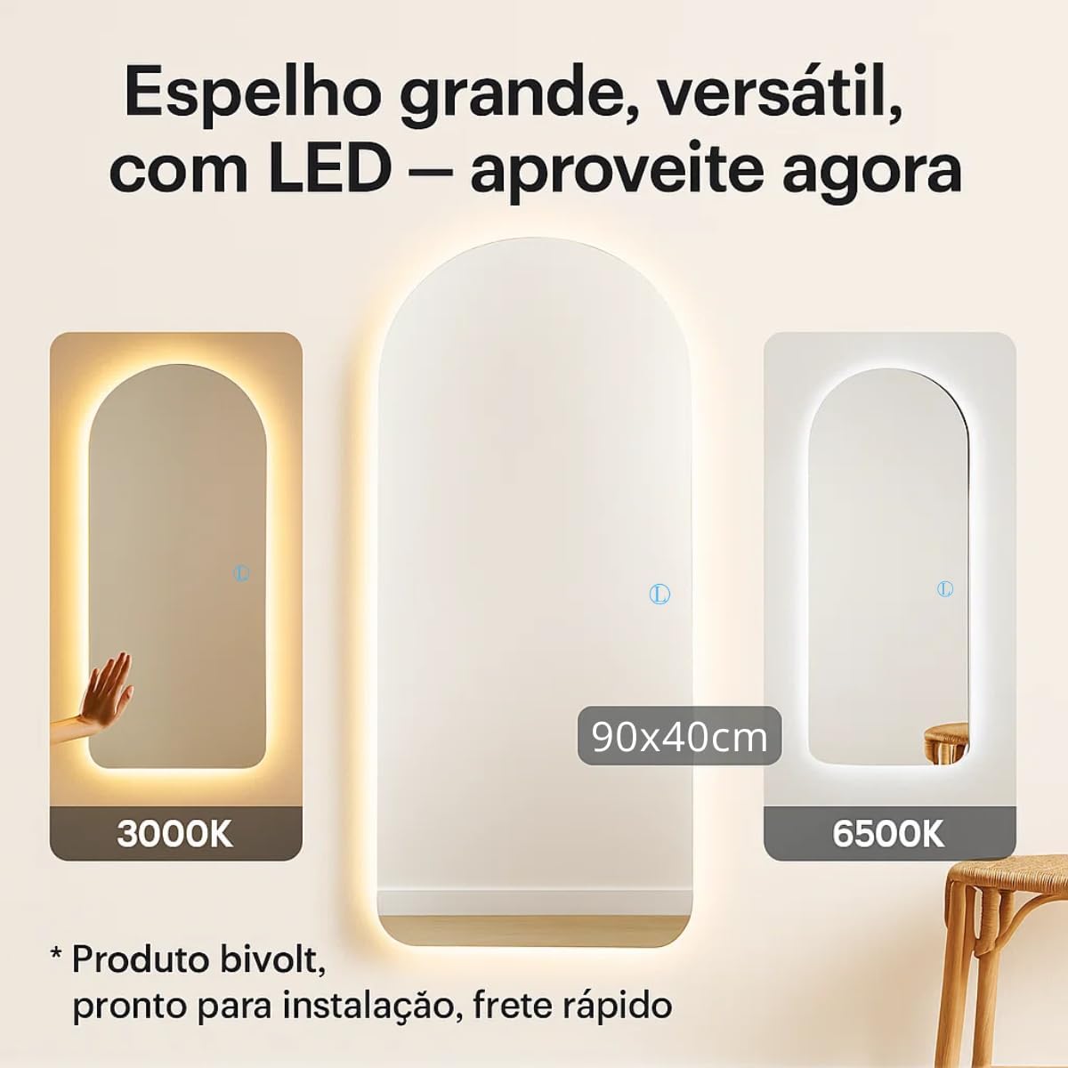 Espelho Arcos 90x40 cm com LED Touch – Iluminação Fria e Quente