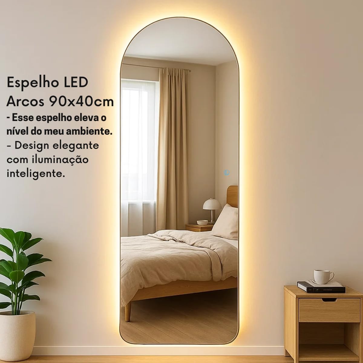 Espelho Arcos 90x40 cm com LED Touch – Iluminação Fria e Quente