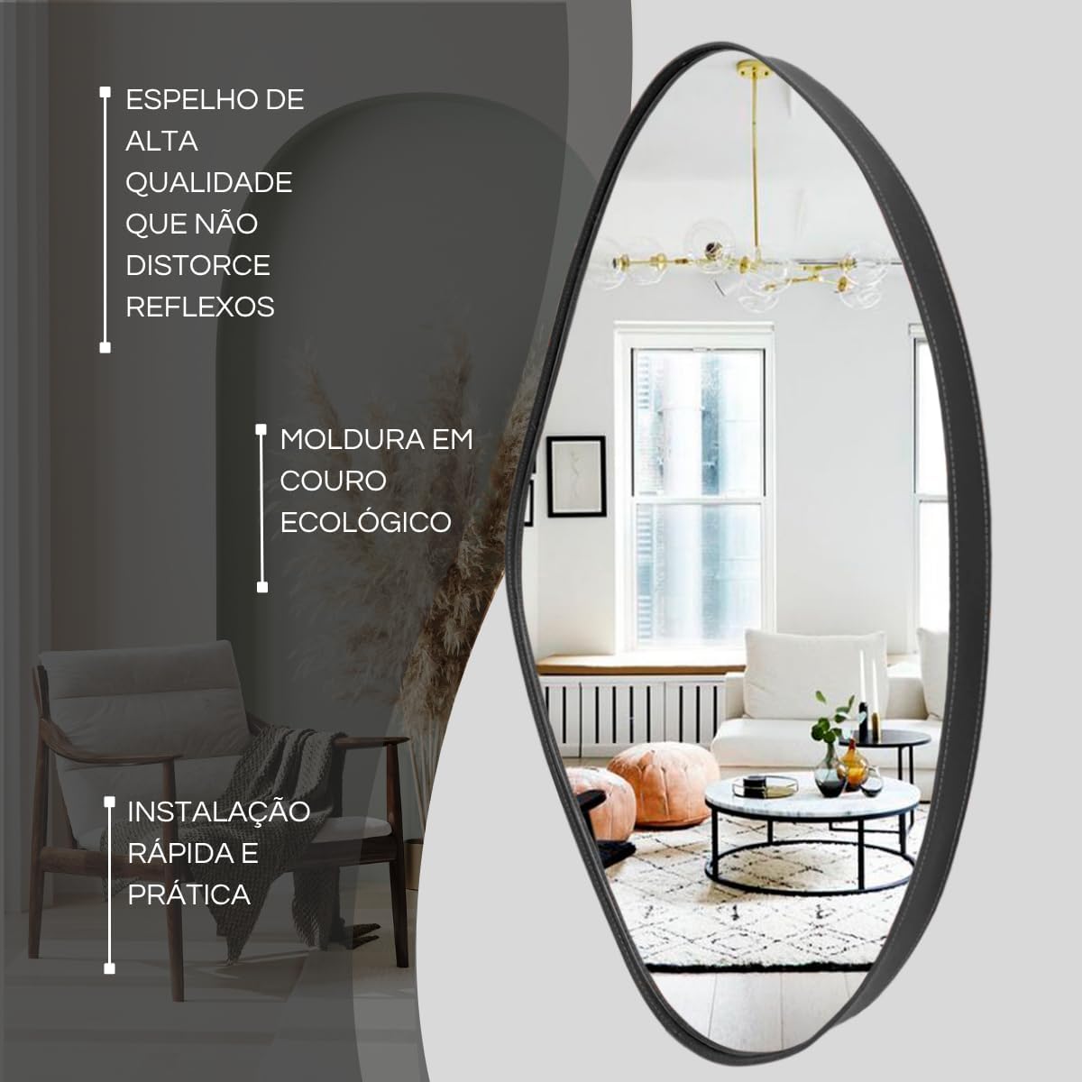 Kit 3 Espelhos Orgânicos de Luxo – Moldura em Couro Preto
