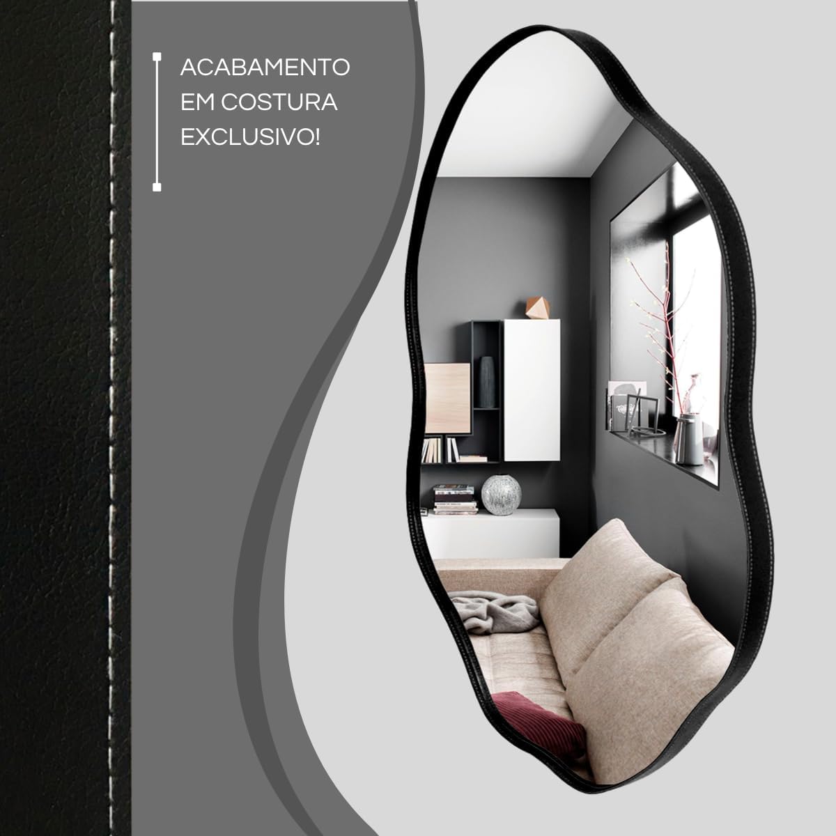 Kit 3 Espelhos Orgânicos de Luxo – Moldura em Couro Preto