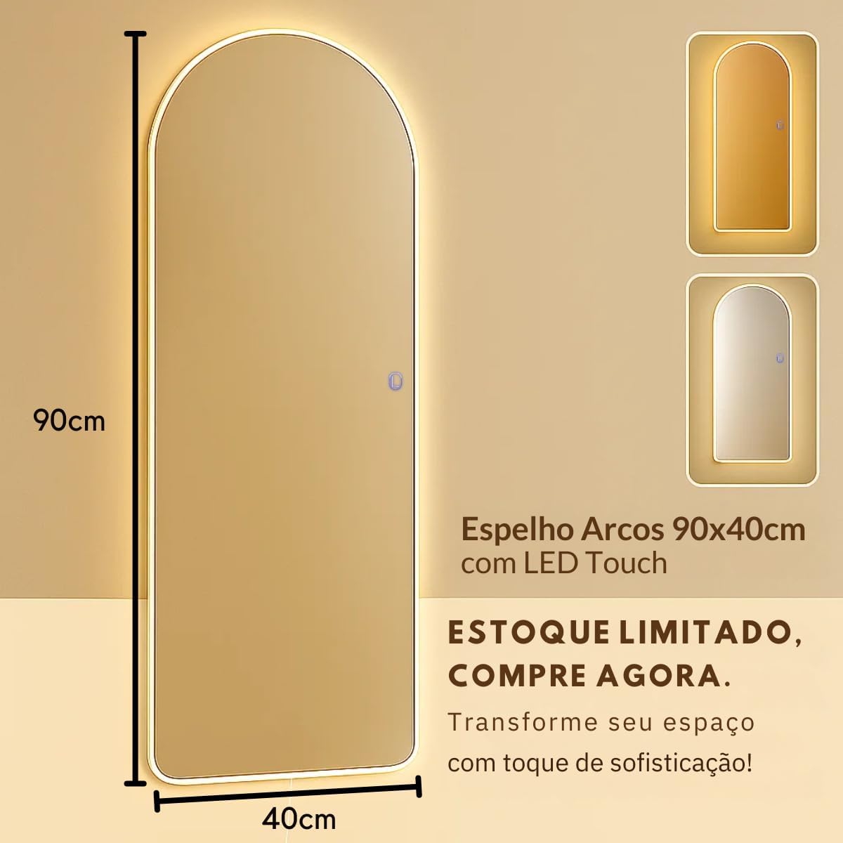 Espelho Arcos Lopazzi 90x40 com LED Touch Bivolt para Banheiro Quarto e Penteadeira Design Moderno Parede Decorativo Iluminação Fria e Quente