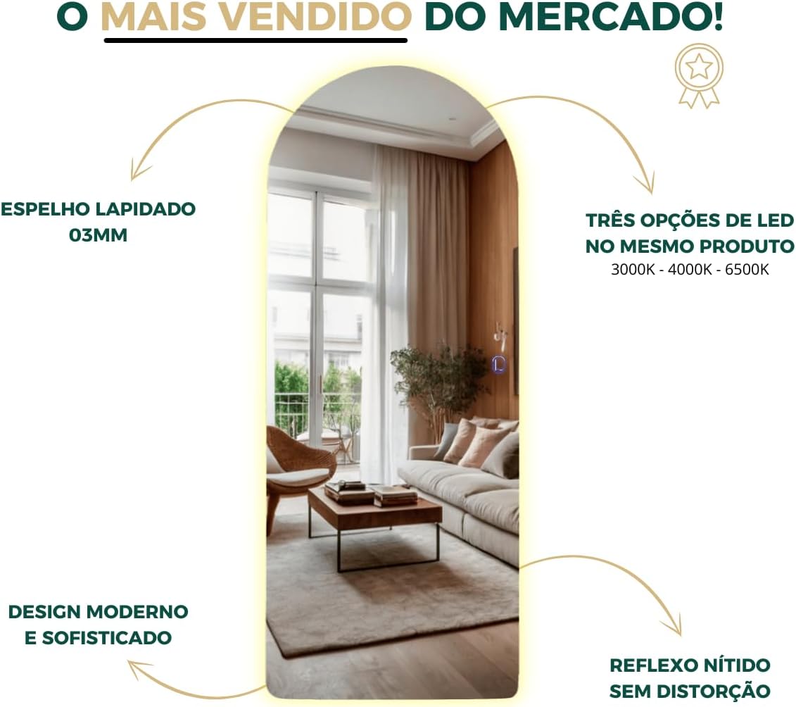 Espelho Arcos 90x40 cm com LED Touch – Iluminação Fria e Quente