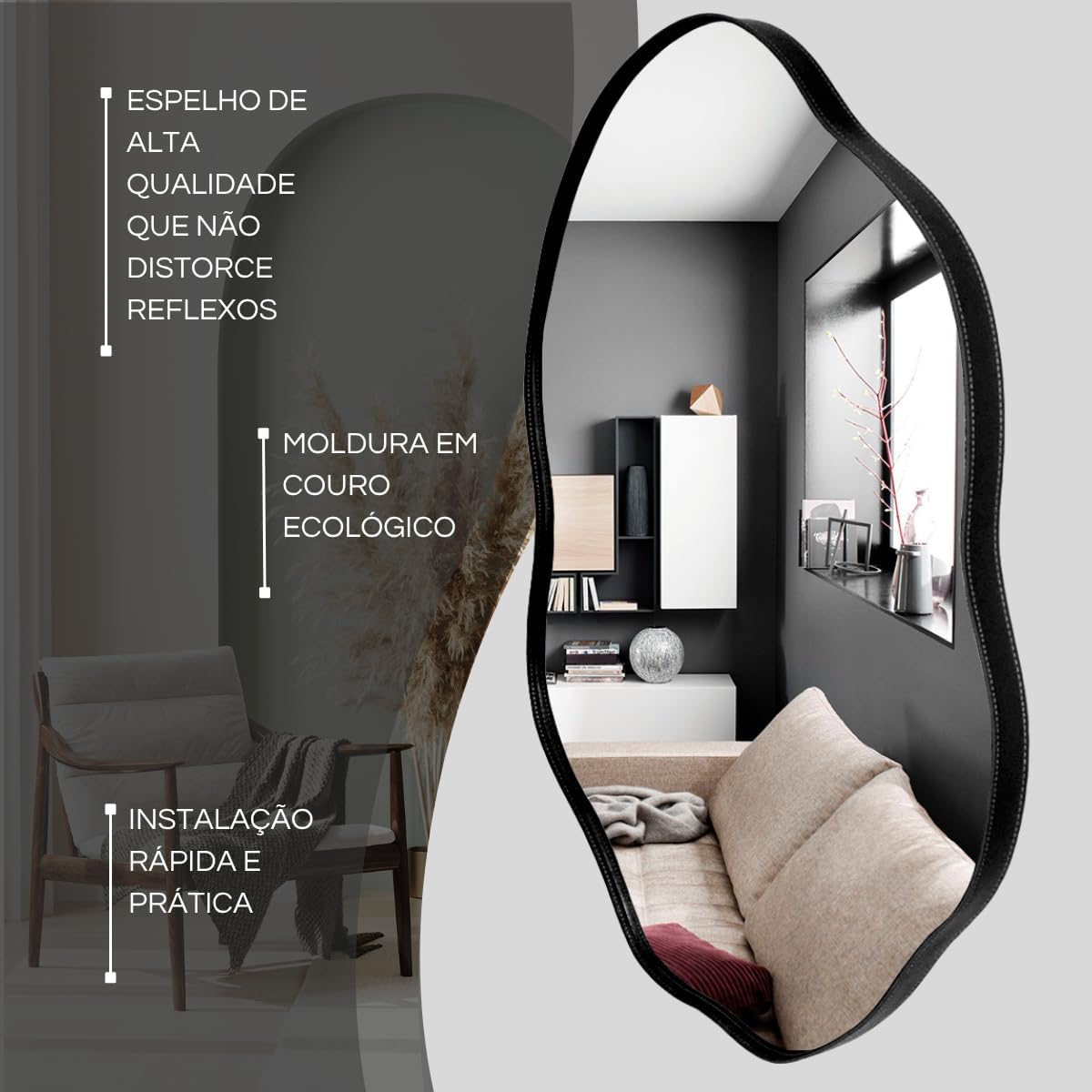 Kit 3 Espelhos Orgânicos de Luxo – Moldura em Couro Preto