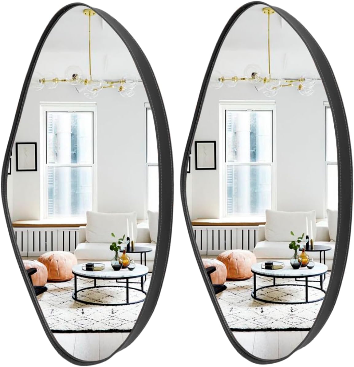 Kit 3 Espelhos Orgânicos de Luxo – Moldura em Couro Preto